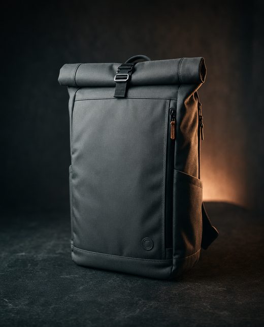 Moody dark hero shot of a roll-top backpack