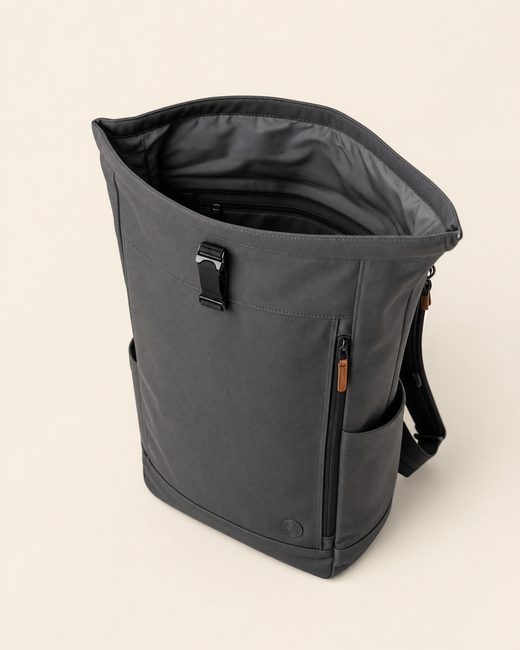 Backpack with roll-top open showing the interior