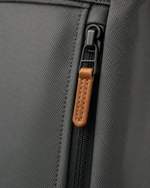 Macro of the zipper and leather pull